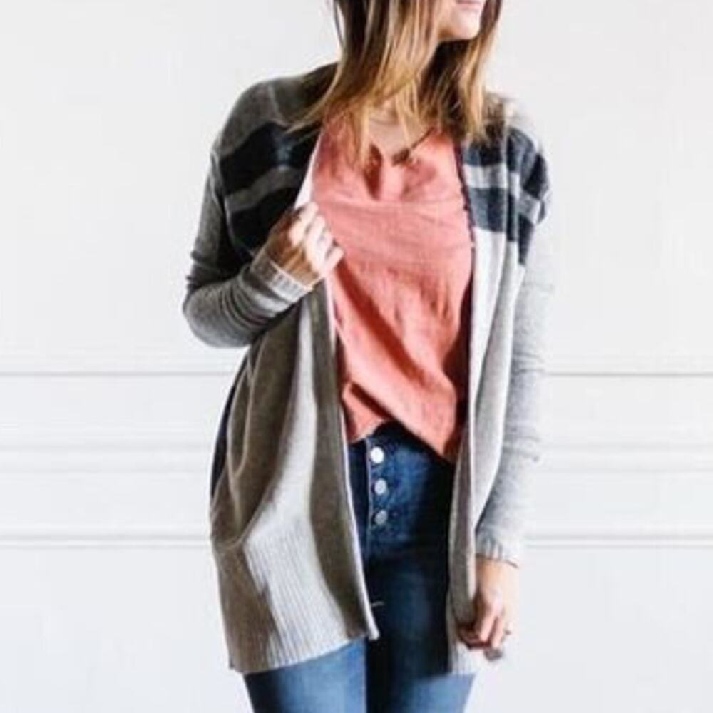 Lovestitch Size S Midi Cardigan Knit Sweater Wool Blend Stripe Grey - Picture 2 of 9